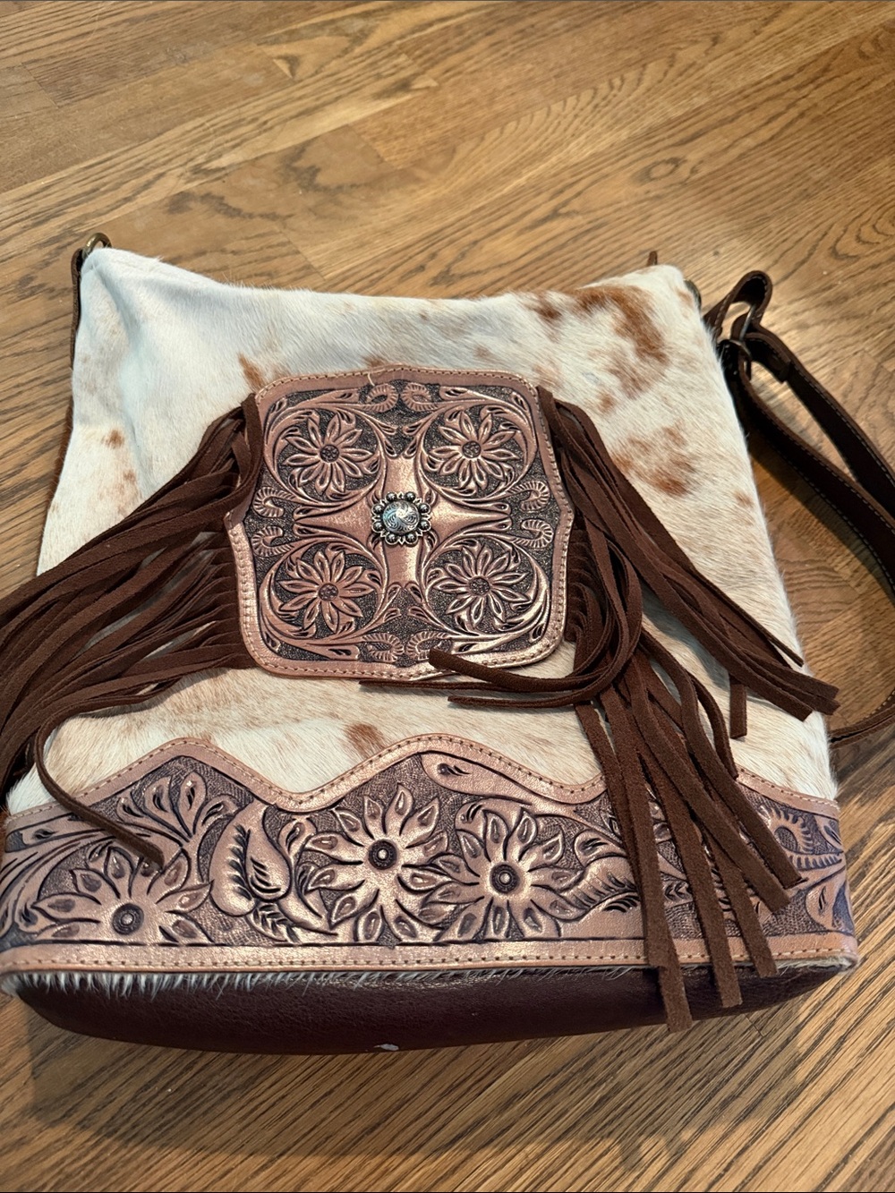 Large Myra Cowhide with Tooled Leather Fringe Shoulder Bag